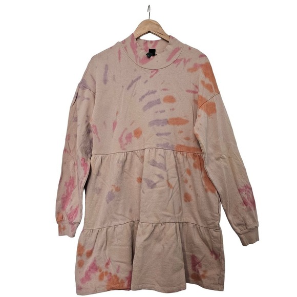 Wild Fable Pink Tie Dye Sweater Dress Size Medium Ruffles Tiered Mock Neck - Picture 1 of 11